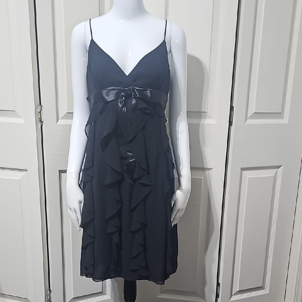 Vintage Y2K Black Ruffle Chiffon Cocktail Dress with Satin Bow Accent. #0505